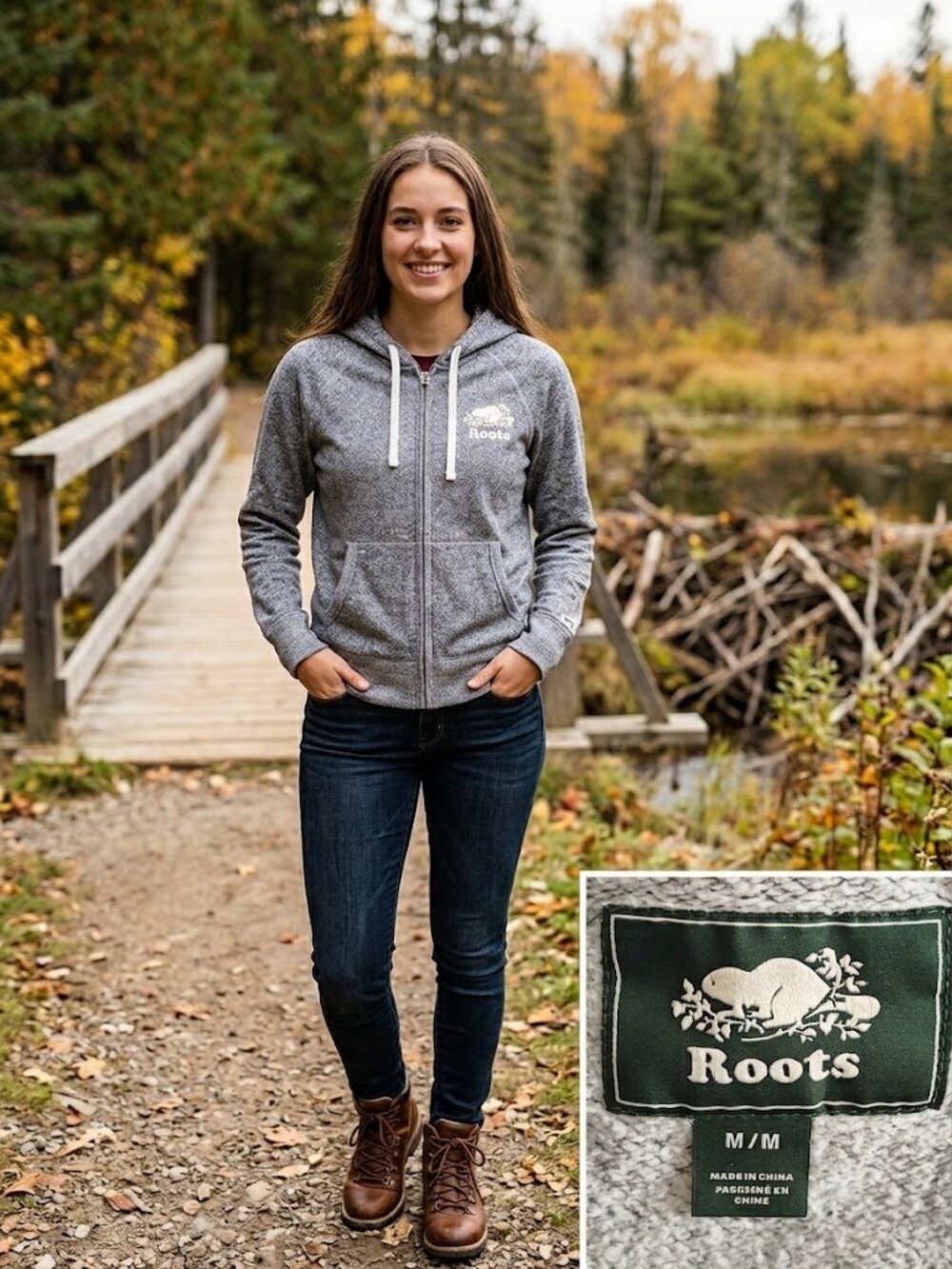Roots Salt & Pepper Zip Hoodie Beaver Logo Grey Speckled Womens Medium M SP/SU20